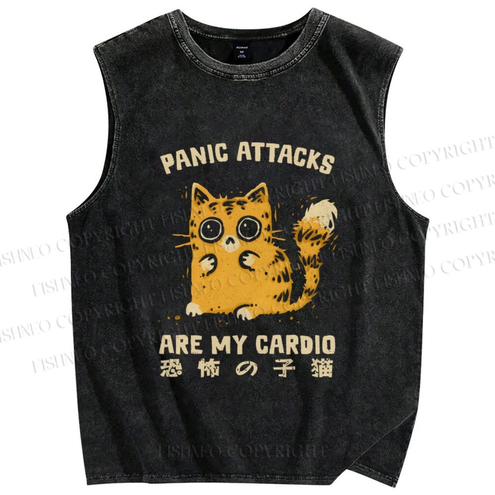 Unisex Vintage Panic Cat Printed Washed Tank Top