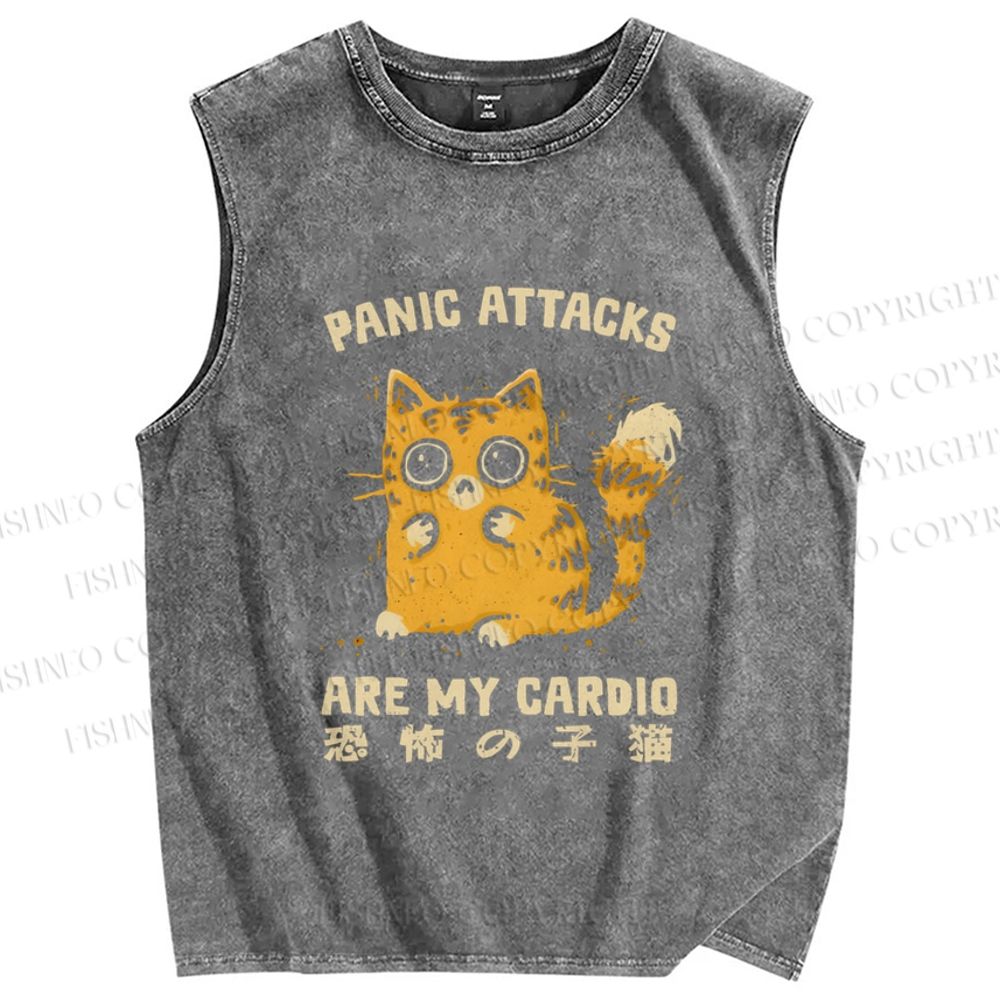 Unisex Vintage Panic Cat Printed Washed Tank Top