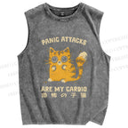 Unisex Vintage Panic Cat Printed Washed Tank Top
