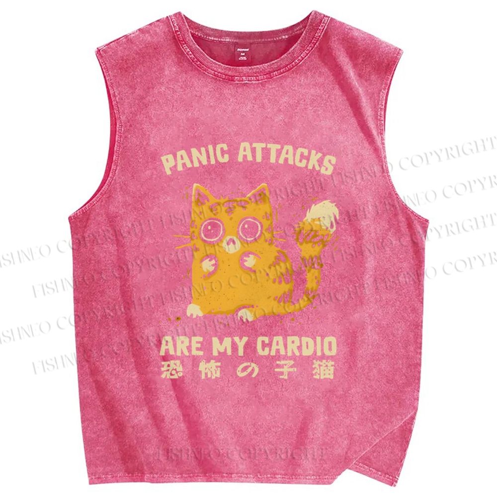 Unisex Vintage Panic Cat Printed Washed Tank Top