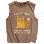 Unisex Vintage Panic Cat Printed Washed Tank Top