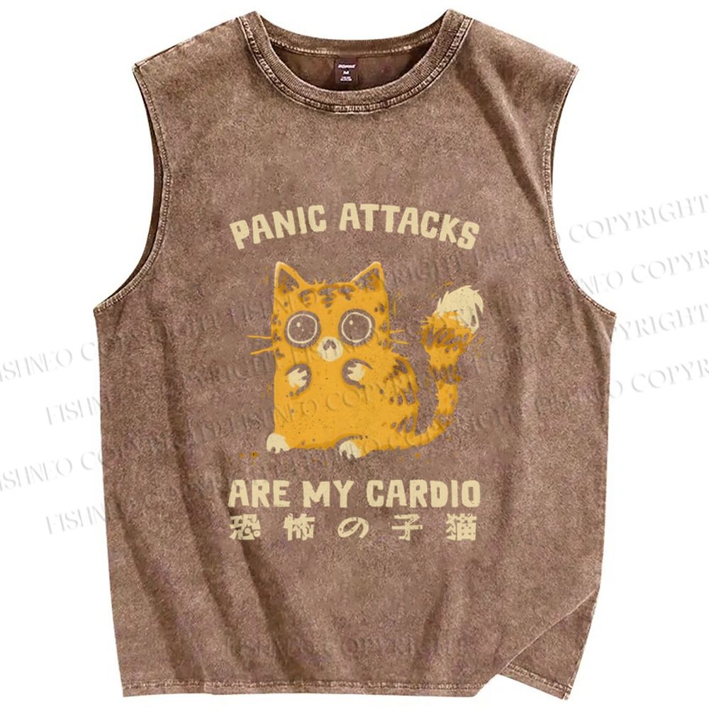 Unisex Vintage Panic Cat Printed Washed Tank Top
