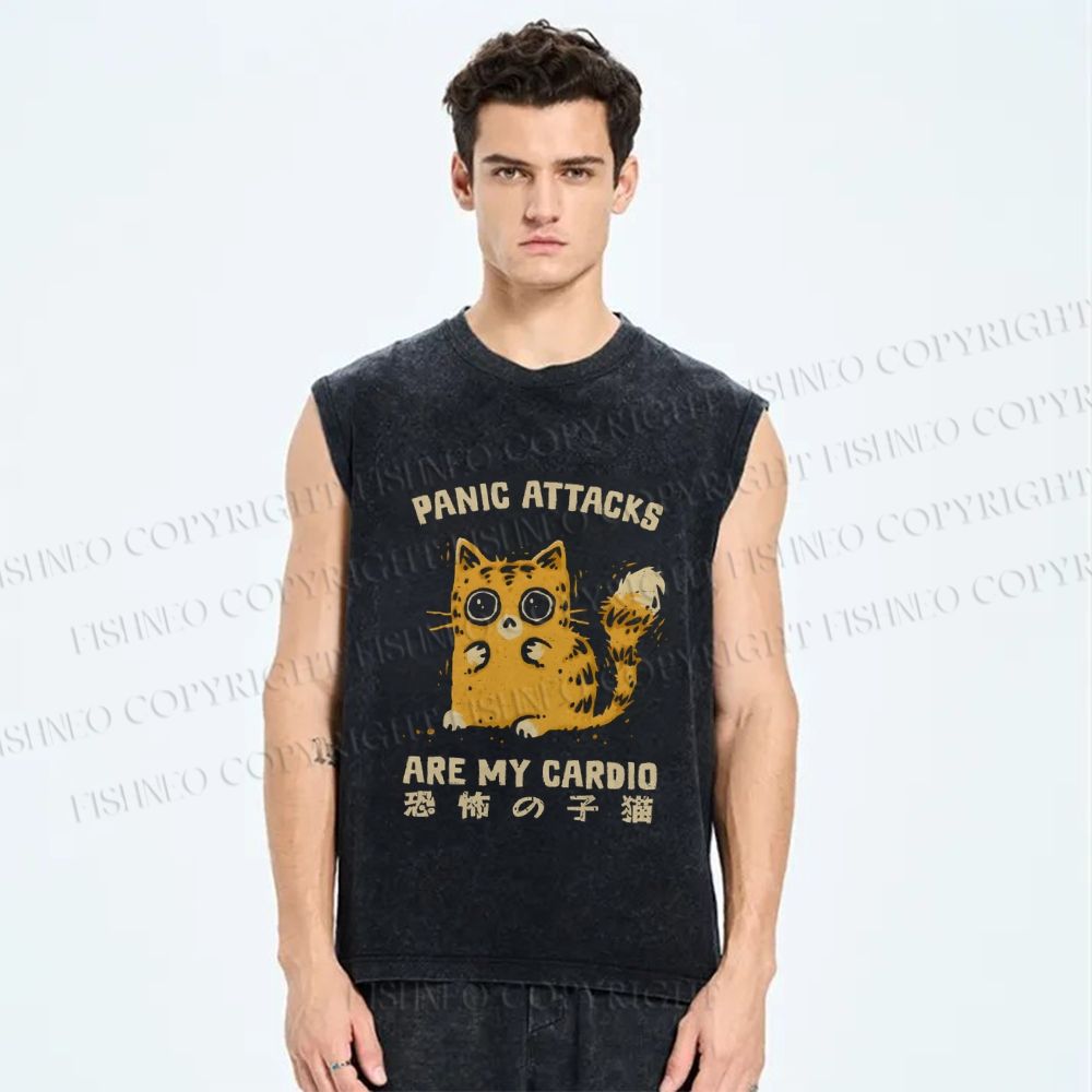 Unisex Vintage Panic Cat Printed Washed Tank Top