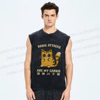 Unisex Vintage Panic Cat Printed Washed Tank Top