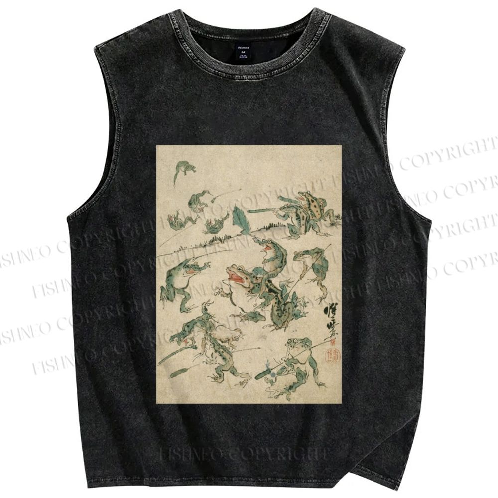 Unisex Vintage Japanese Frog Printed Washed Tank Top