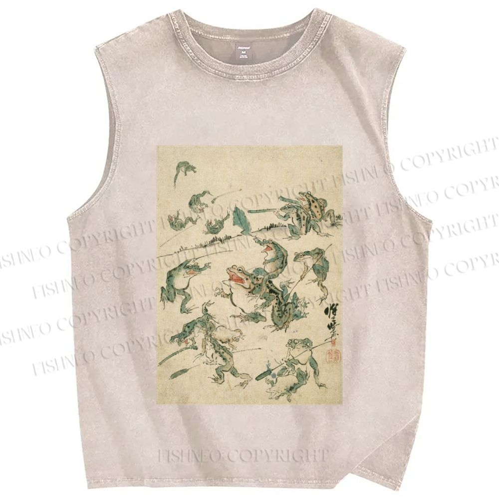 Unisex Vintage Japanese Frog Printed Washed Tank Top