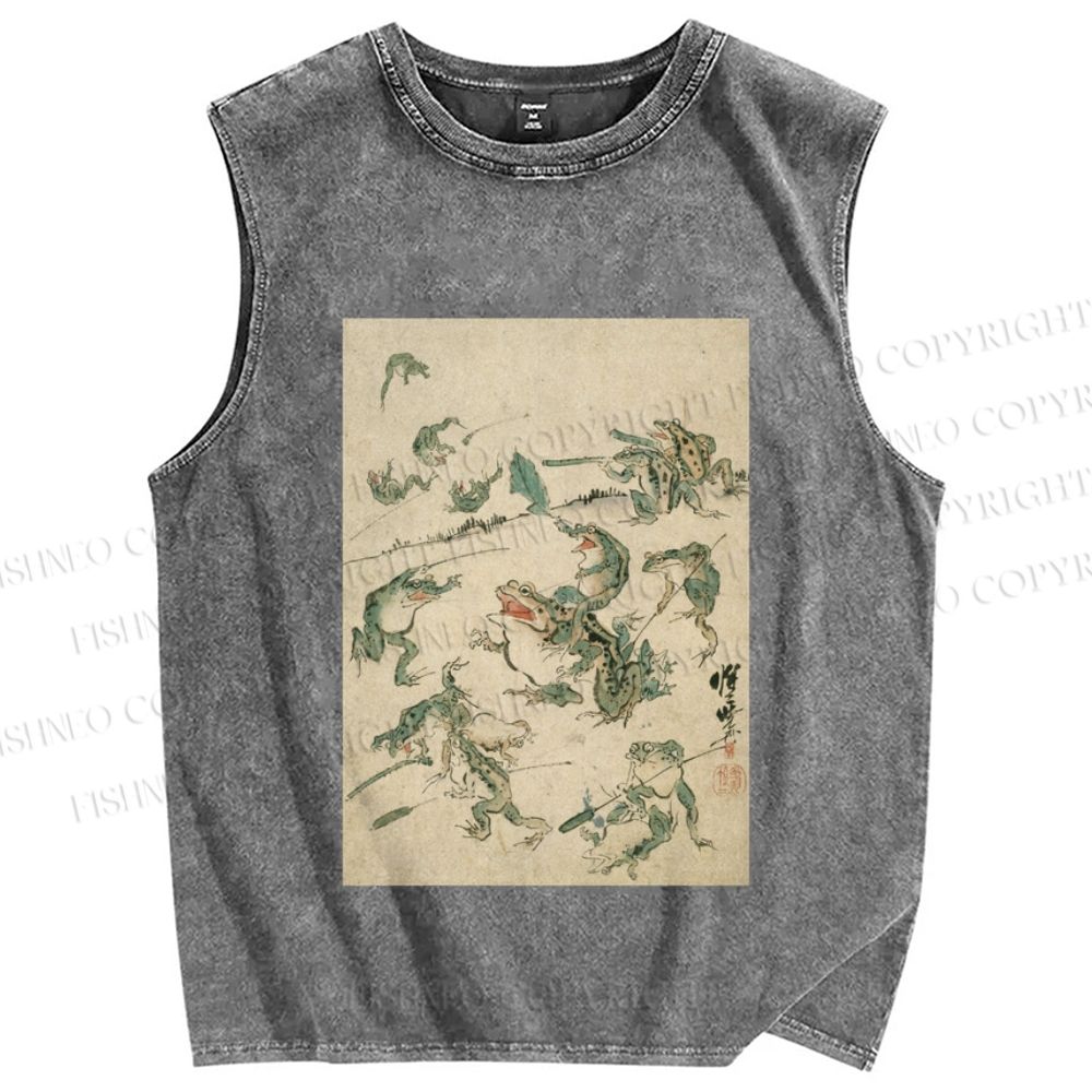 Unisex Vintage Japanese Frog Printed Washed Tank Top