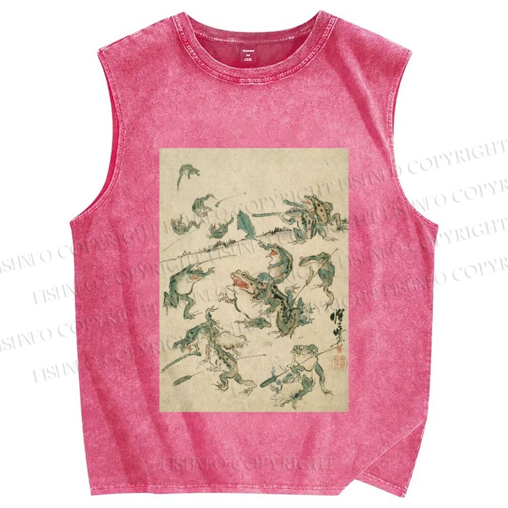 Unisex Vintage Japanese Frog Printed Washed Tank Top
