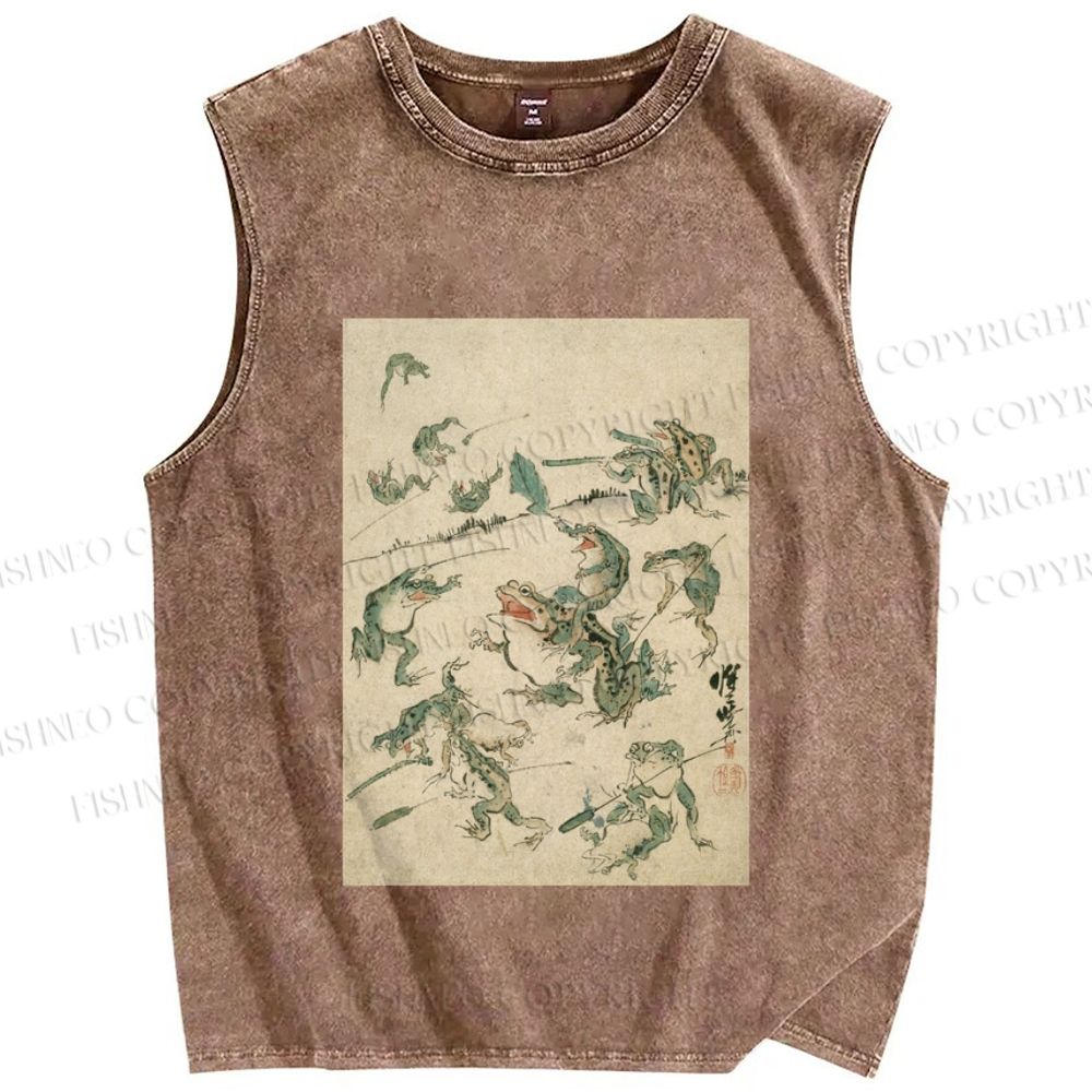 Unisex Vintage Japanese Frog Printed Washed Tank Top