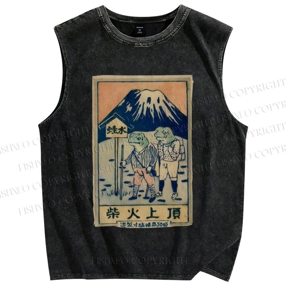 Unisex Vintage Japanese Frog Printed Washed Tank Top