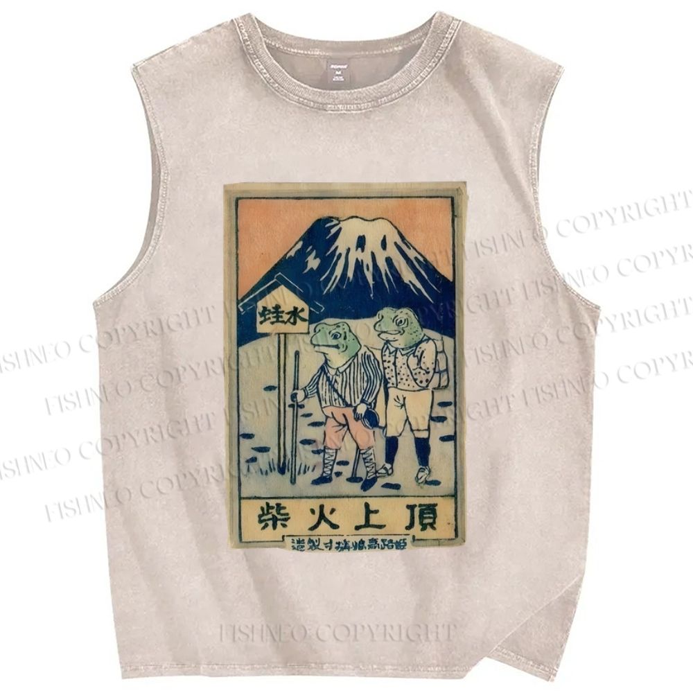 Unisex Vintage Japanese Frog Printed Washed Tank Top