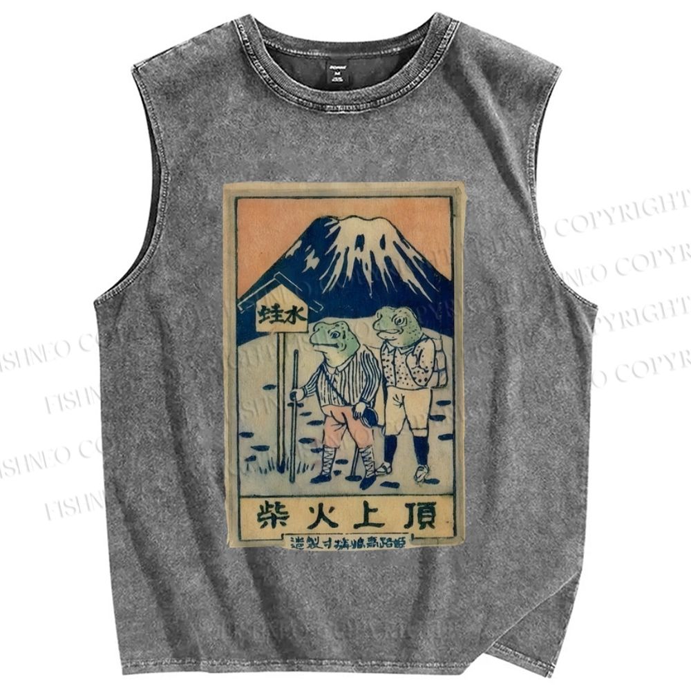 Unisex Vintage Japanese Frog Printed Washed Tank Top