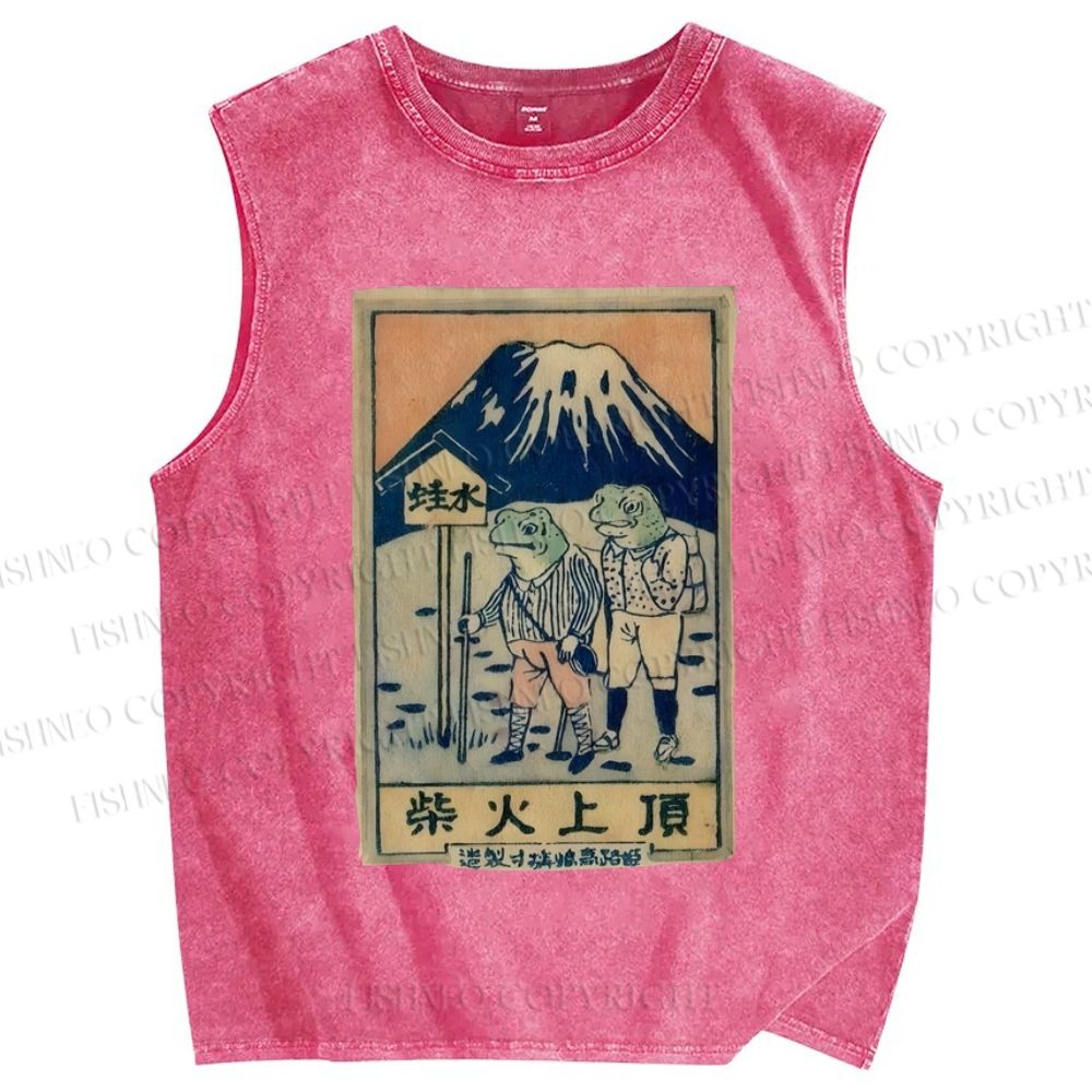 Unisex Vintage Japanese Frog Printed Washed Tank Top