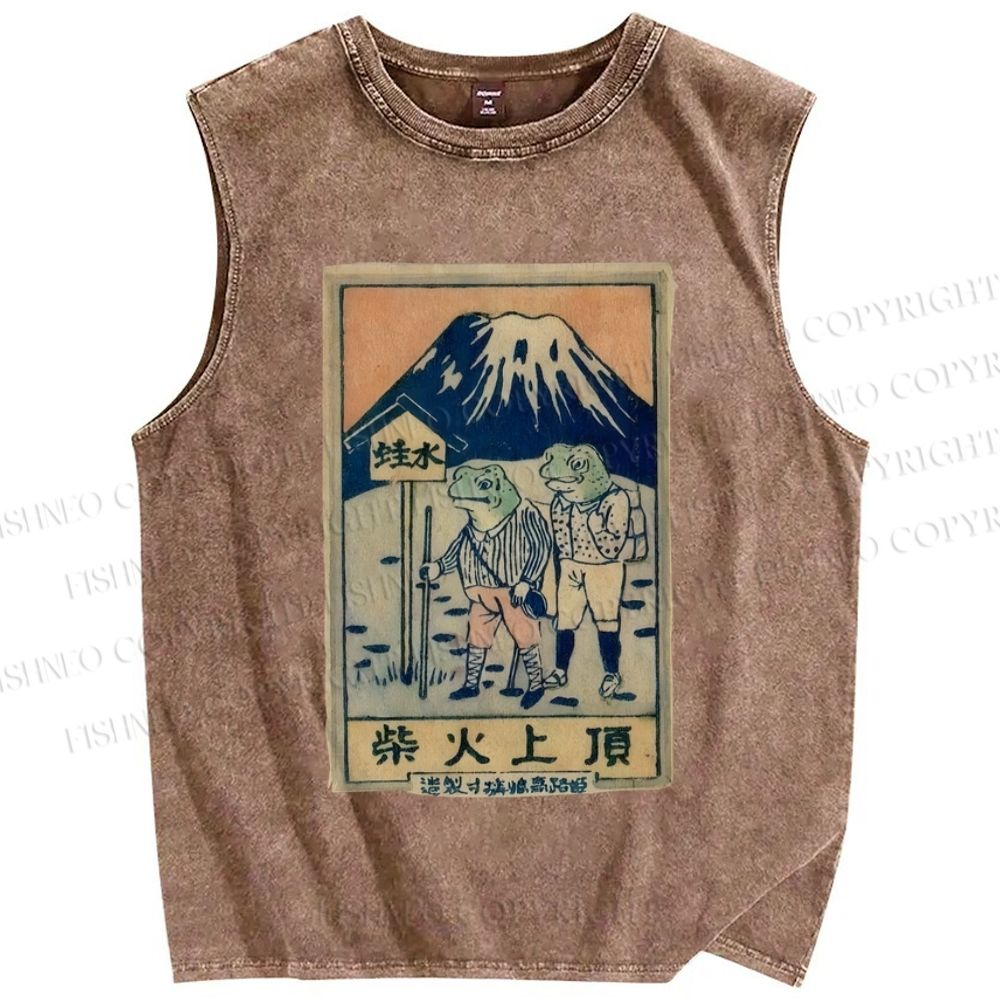 Unisex Vintage Japanese Frog Printed Washed Tank Top
