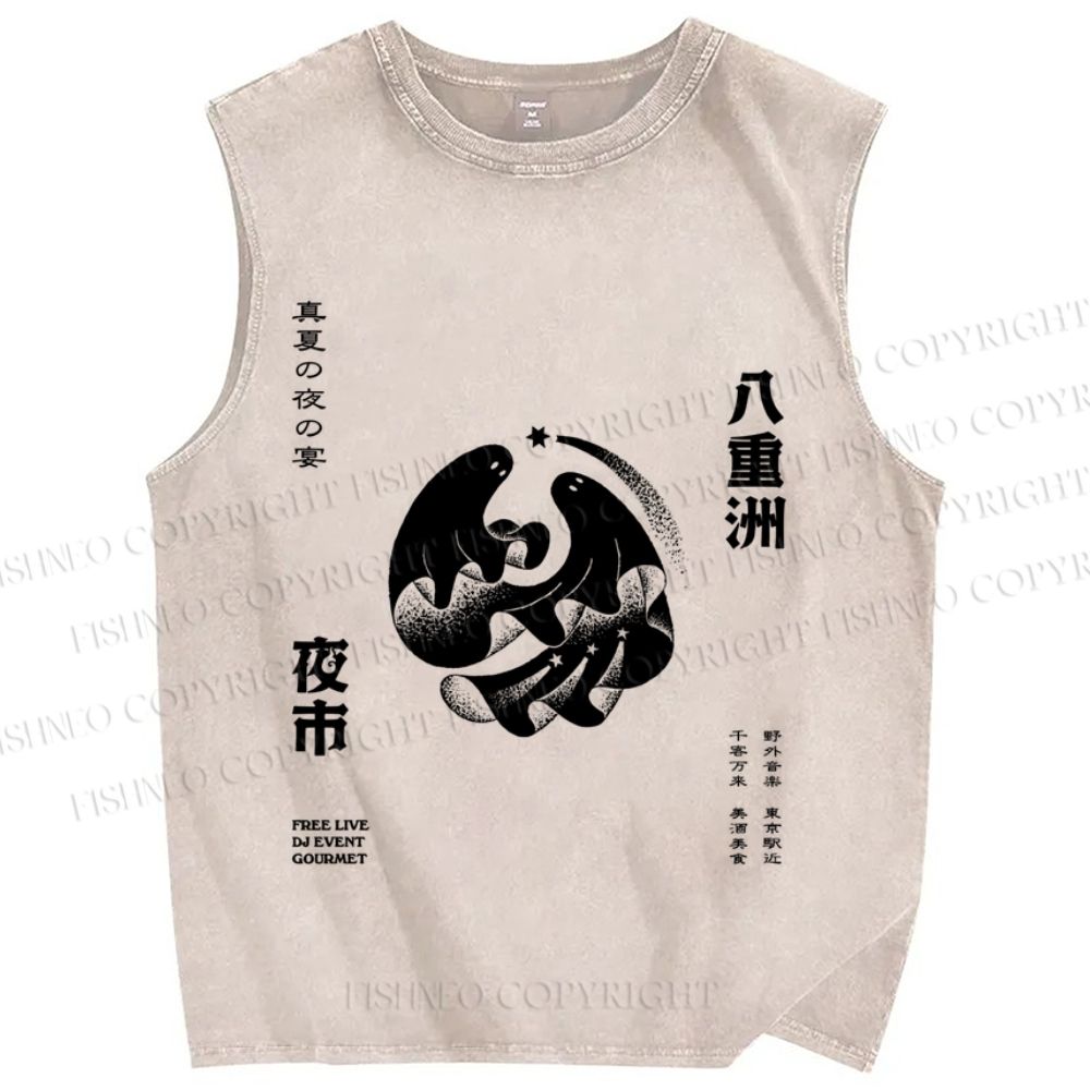 Unisex Japanese Ghost Printed Washed Tank Top