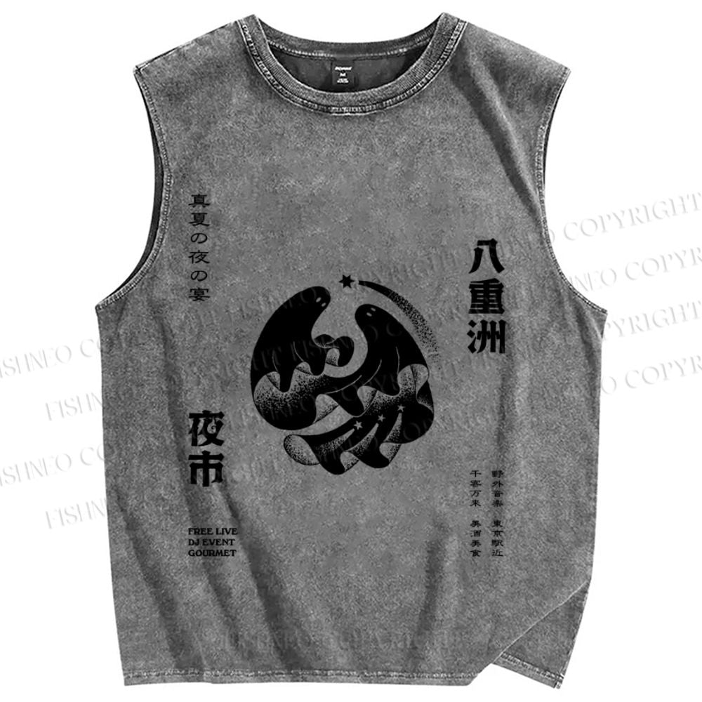Unisex Japanese Ghost Printed Washed Tank Top