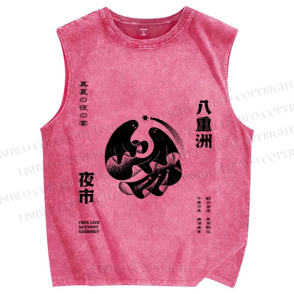 Unisex Japanese Ghost Printed Washed Tank Top
