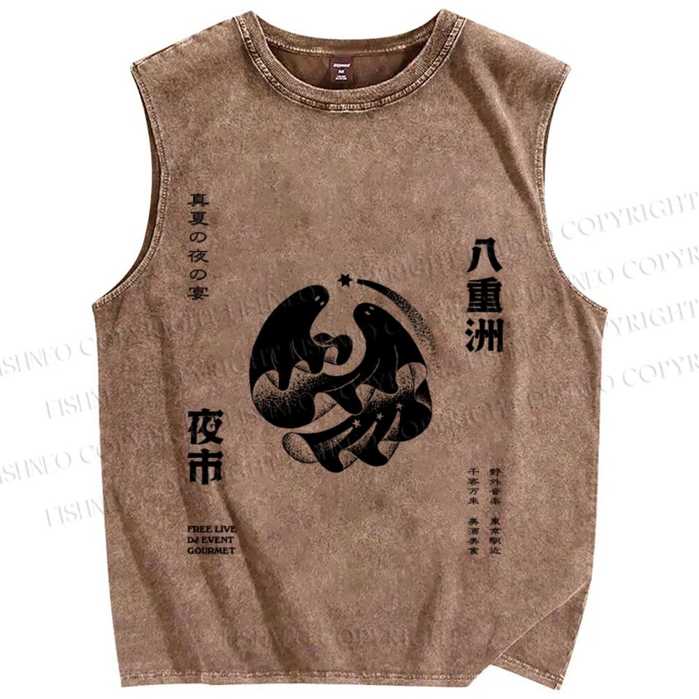 Unisex Japanese Ghost Printed Washed Tank Top
