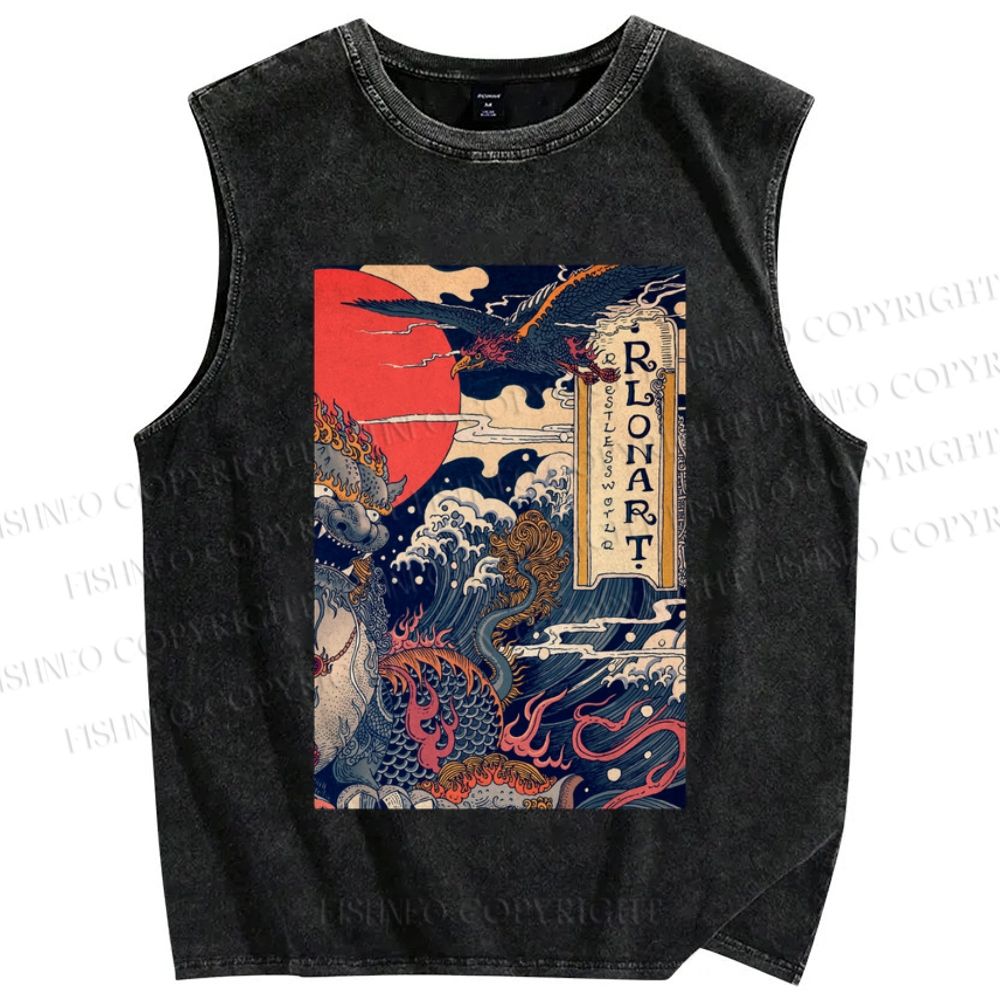 Unisex Vintage Japanese Wave Printed Washed Tank Top