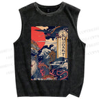 Unisex Vintage Japanese Wave Printed Washed Tank Top