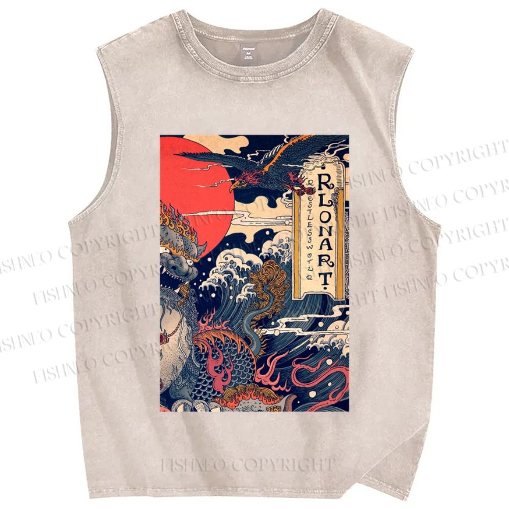 Unisex Vintage Japanese Wave Printed Washed Tank Top