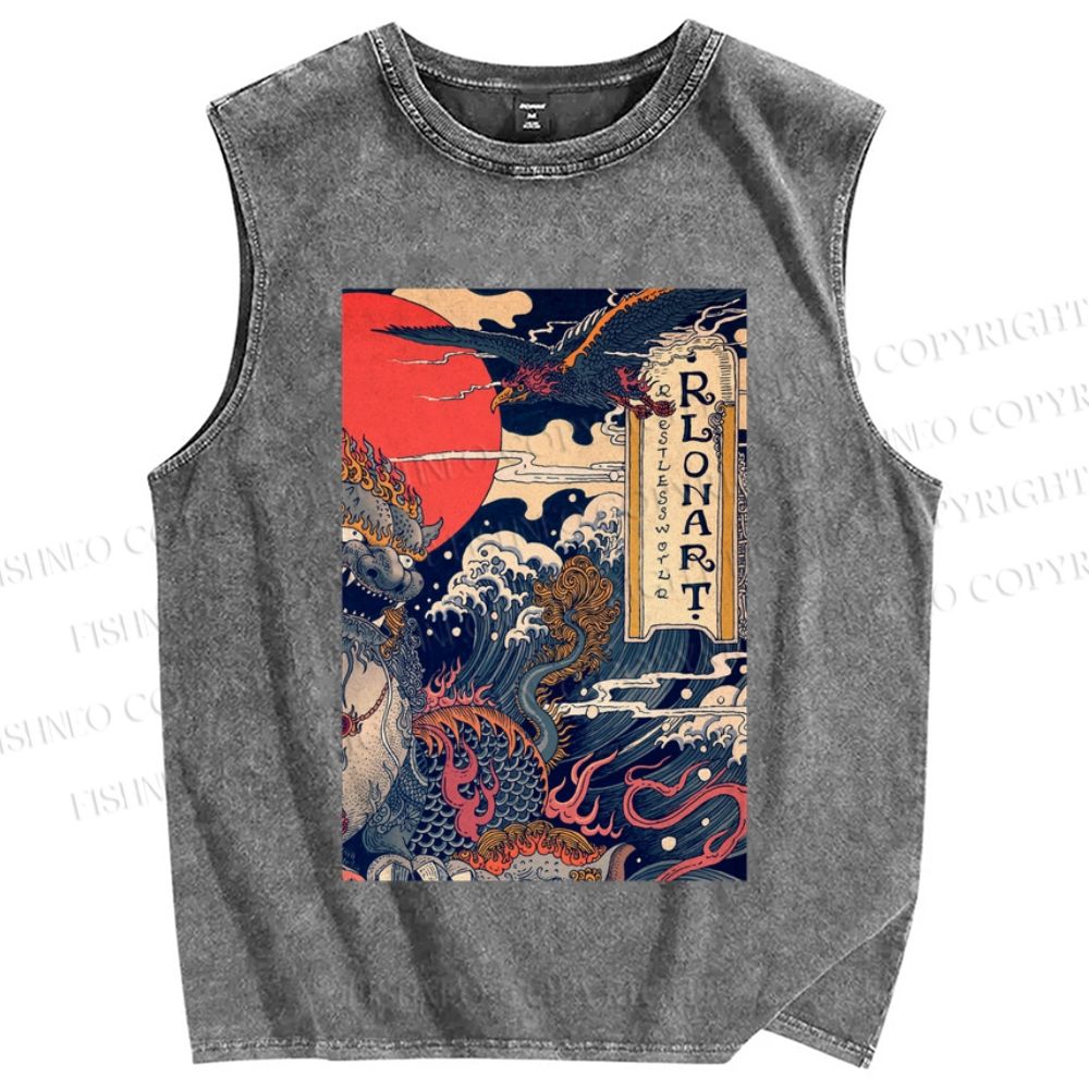 Unisex Vintage Japanese Wave Printed Washed Tank Top