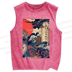 Unisex Vintage Japanese Wave Printed Washed Tank Top