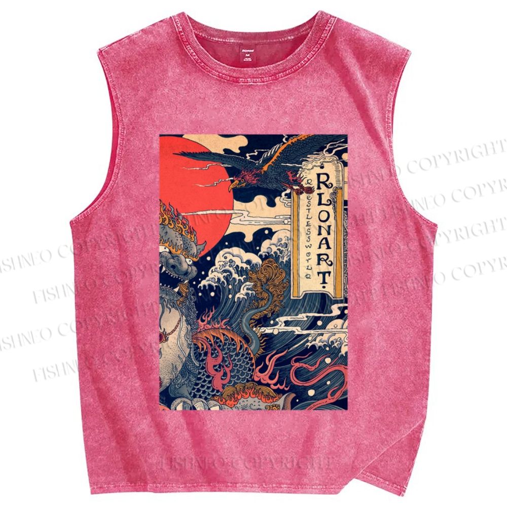 Unisex Vintage Japanese Wave Printed Washed Tank Top