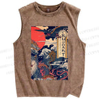 Unisex Vintage Japanese Wave Printed Washed Tank Top
