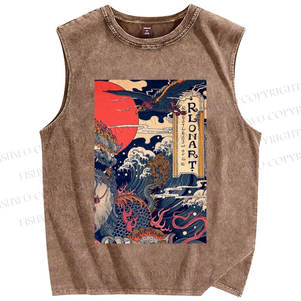 Unisex Vintage Japanese Wave Printed Washed Tank Top