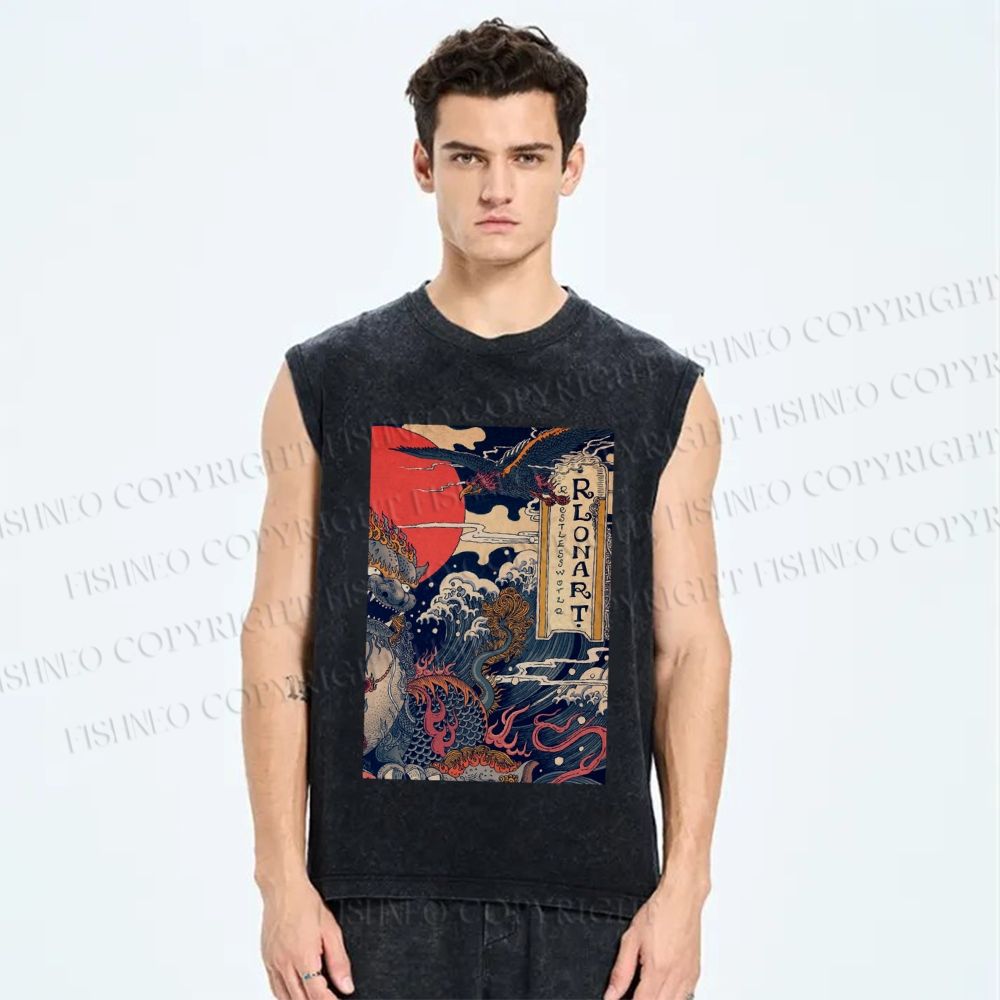 Unisex Vintage Japanese Wave Printed Washed Tank Top