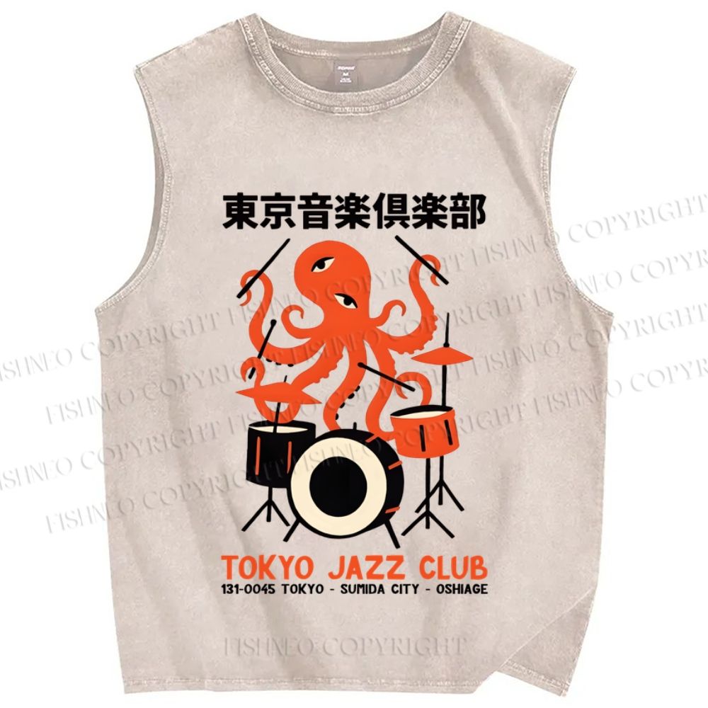 Unisex Vintage Japanese Octopus Play Drum Printed Washed Tank Top