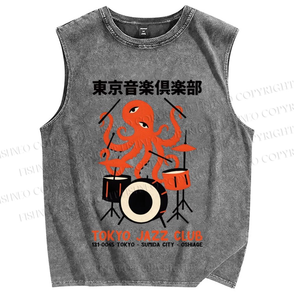 Unisex Vintage Japanese Octopus Play Drum Printed Washed Tank Top