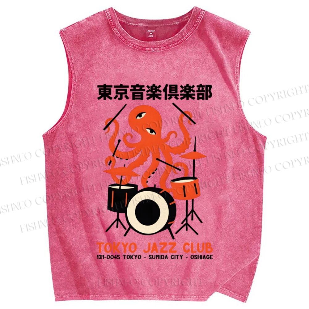 Unisex Vintage Japanese Octopus Play Drum Printed Washed Tank Top