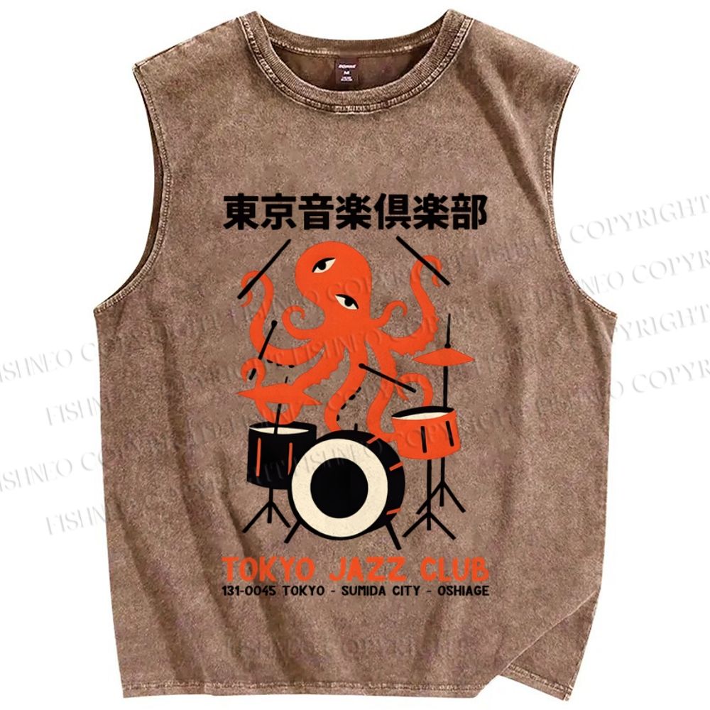 Unisex Vintage Japanese Octopus Play Drum Printed Washed Tank Top