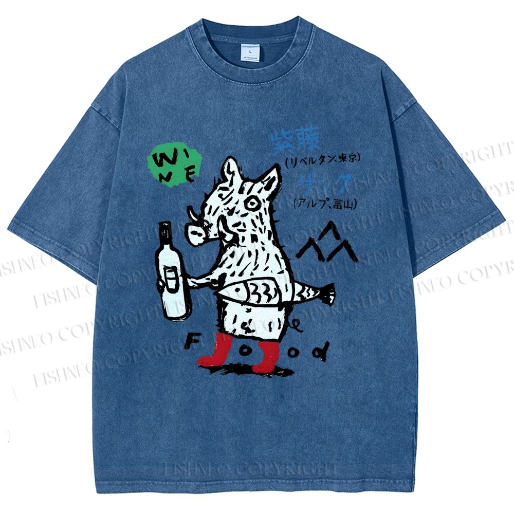 Unisex Wine Food Printed Washed Tee