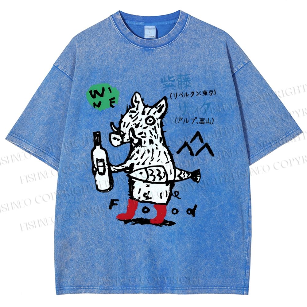 Unisex Wine Food Printed Washed Tee