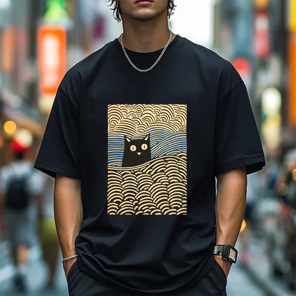 Wave Japanese Cat Art Cotton Casual T-shirt
