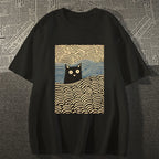 Wave Japanese Cat Art Cotton Casual T-shirt