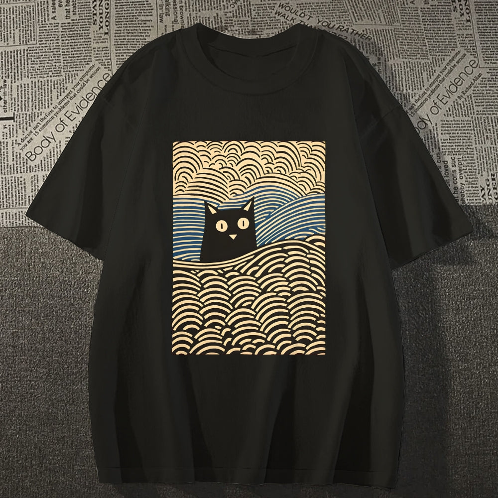 Wave Japanese Cat Art Cotton Casual T-shirt
