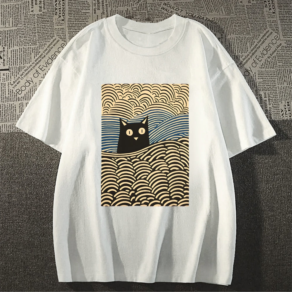 Wave Japanese Cat Art Cotton Casual T-shirt