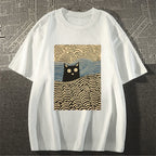 Wave Japanese Cat Art Cotton Casual T-shirt