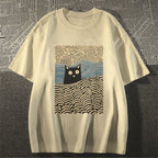 Wave Japanese Cat Art Cotton Casual T-shirt
