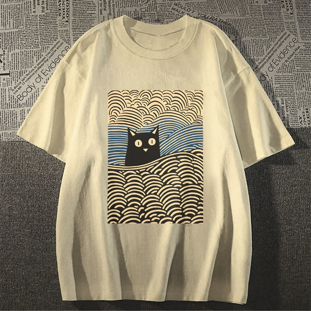 Wave Japanese Cat Art Cotton Casual T-shirt