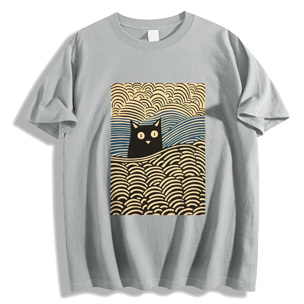 Wave Japanese Cat Art Cotton Casual T-shirt