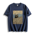 Wave Japanese Cat Art Cotton Casual T-shirt