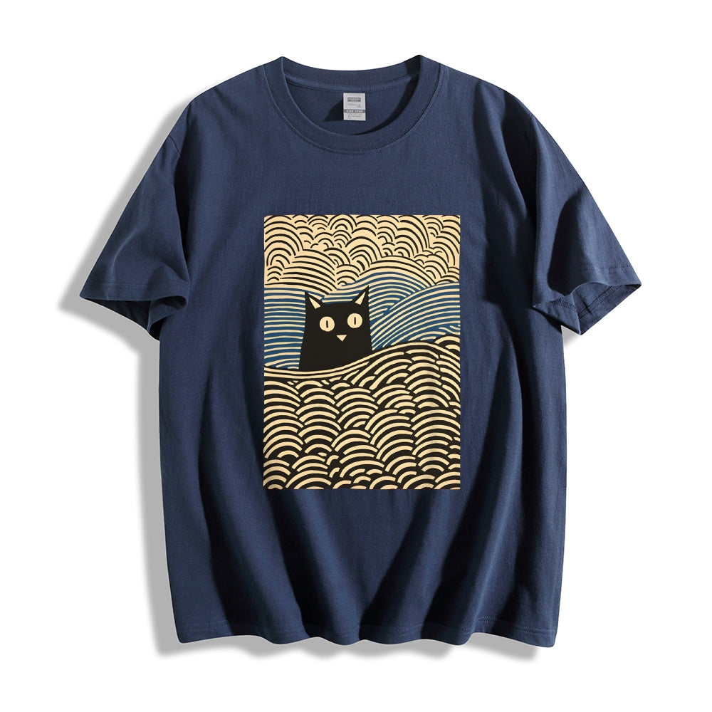 Wave Japanese Cat Art Cotton Casual T-shirt
