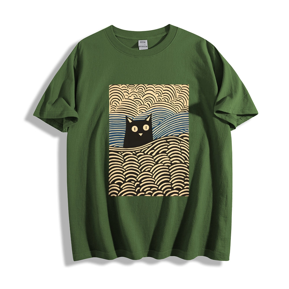 Wave Japanese Cat Art Cotton Casual T-shirt