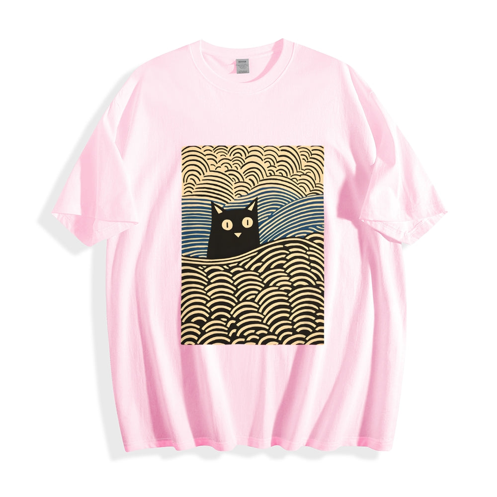 Wave Japanese Cat Art Cotton Casual T-shirt