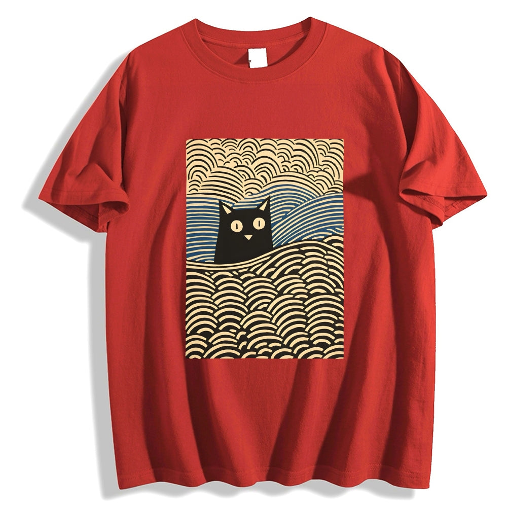 Wave Japanese Cat Art Cotton Casual T-shirt